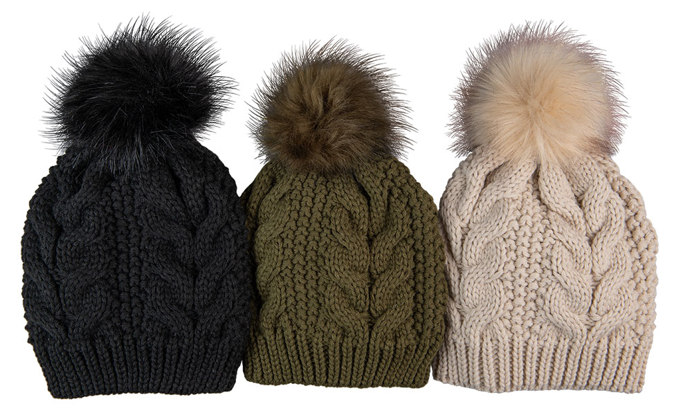 Crystal Falls Cable Knit Beanie with Faux Fur Pom